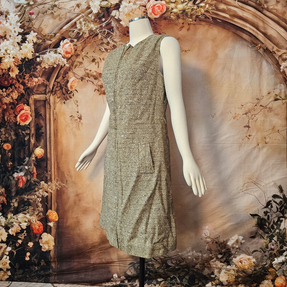 Vintage 1960s Young Pendleton Peck & Peck Wool Herringbone Zip Front Shift Dress